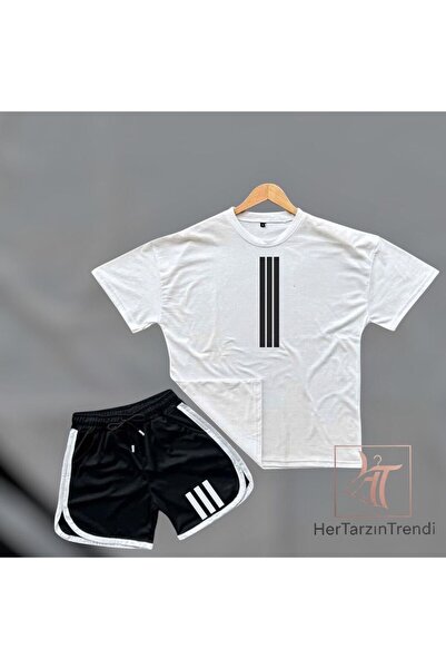 HerTarzınTrendi Ανδρικό σετ μπλουζάκι και σορτς με στάμπα τριών γραμμών, με λ...