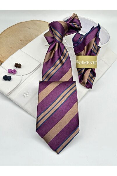 Gutiero Purple Brown Striped Patterned Classic Tie with Handkerchief