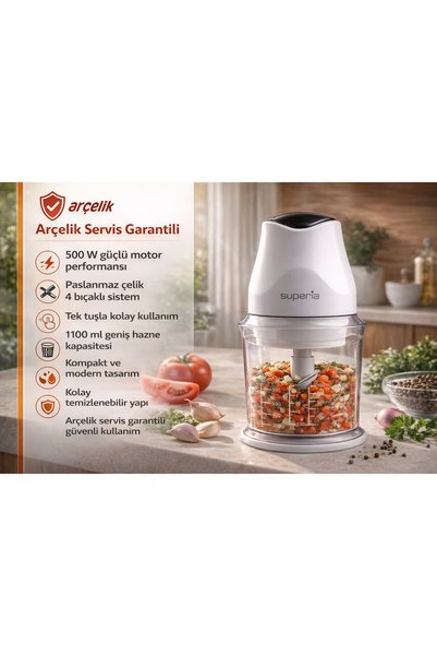 Superia ARÇELİK SERVİS GARANTİLİ 500W 4 Bıçaklı Doğrayıcı 1100 ml Hazne Kompakt Tasarım