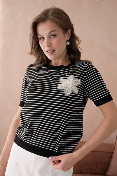 Park Karon 10151 Women's Crew Neck Appliqued Striped Knit Sweater