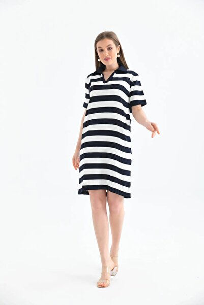 Park Karon 10028 Women's Polo Collar Striped Knitwear Dress