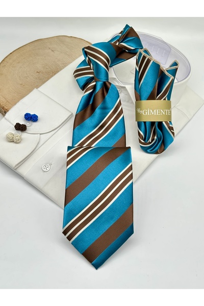 Gutiero Turquoise Brown Striped Classic Tie with Handkerchief