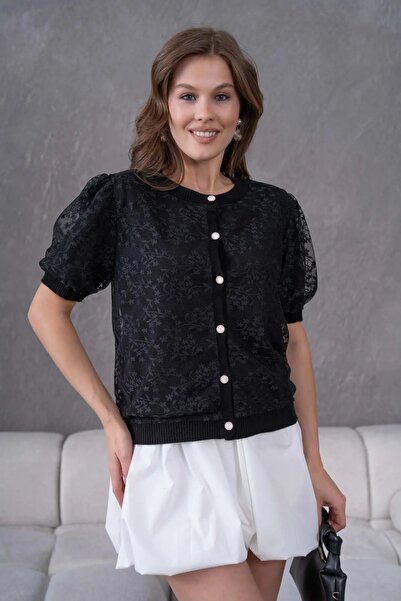 Park Karon 12081 Women's Crew Neck Buttoned Knitwear Cardigan with Floral Tul...