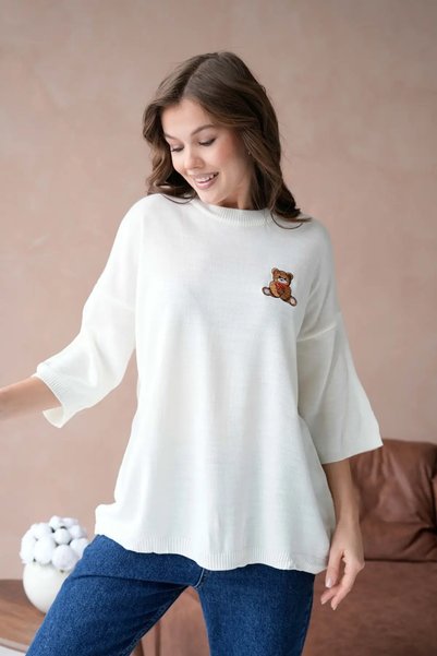 Park Karon 10729 Women's Crew Neck Embroidery Detail Oversize Trko Sweater