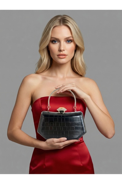 Biçanta Μαύρο Χρώμα Ματ Σχέδιο Κροκόδειλου με Λουράκι Αλυσίδας Γυναικεία Βραδ...