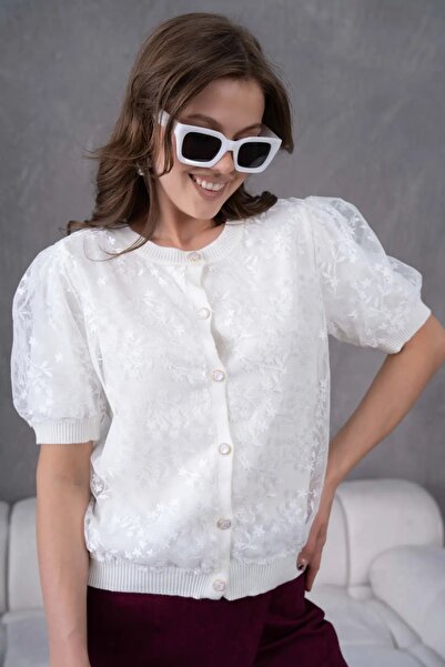 Park Karon 12081 Women's Crew Neck Buttoned Knitwear Cardigan with Floral Tul...