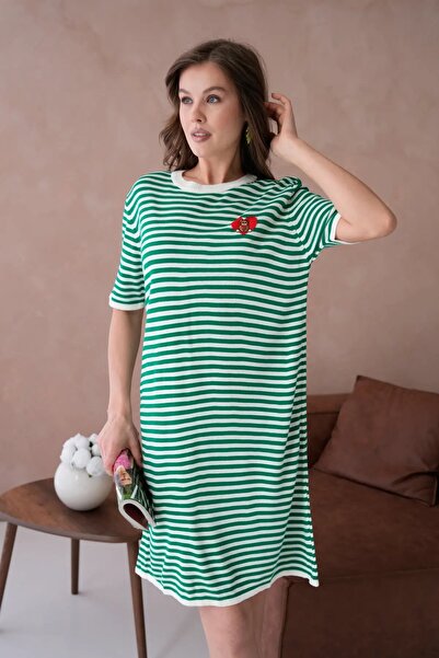 Park Karon 10173 Women's Crew Neck Embroidery Detail Striped Knitwear Dress