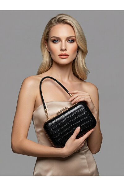 Biçanta Μαύρο Χρώμα Ματ Σχέδιο Κροκόδειλου με Λουράκι Αλυσίδας Γυναικεία Βραδ...