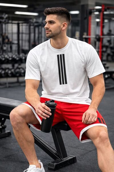 HerTarzınTrendi Ανδρικό σετ μπλουζάκι και σορτς με στάμπα τριών γραμμών, με λ...