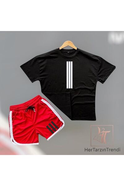 HerTarzınTrendi Ανδρικό σετ μπλουζάκι και σορτς με στάμπα τριών γραμμών, με λ...