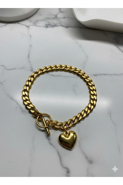 Kaan Accessoire Stainless Steel Heart Bracelet, Thick Chain, T-Bar Lock, Casu...