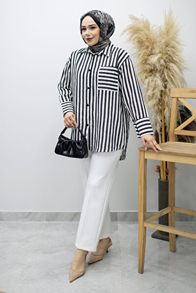 Tesettür Dünyası Ριγέ πουκάμισο με τσέπες TSD260174 Μαύρο