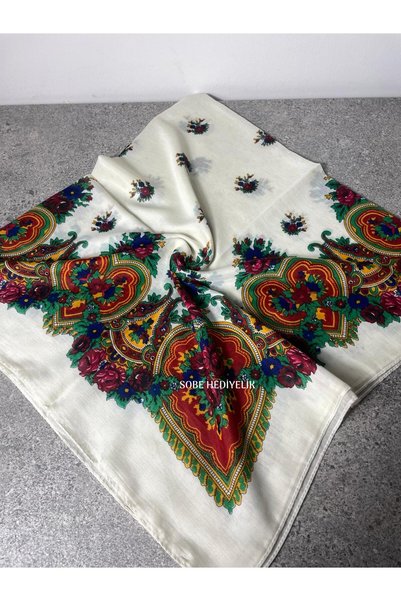 Sobe Hediyelik Mardin Yazması Cream Hijab with Floral Pattern on the Ground – Dowry and Daily Use