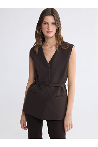 LC Waikiki Ozmarka New Season Brown V-Neck Women's Vest with Belt at the Waist