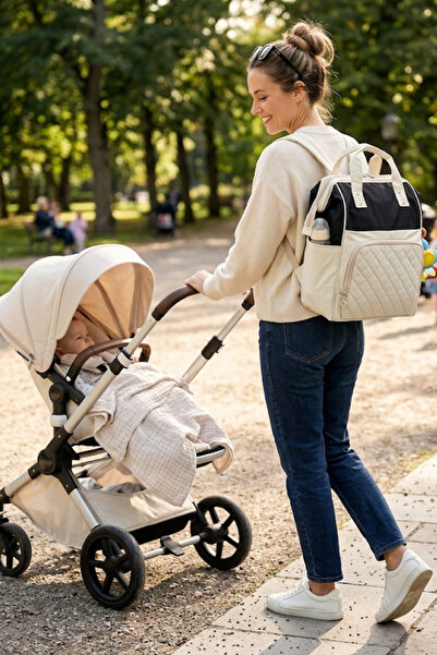 -07 Klinkır Anne Bakım Bebek Çantası Anne Çantası Sırt Çantası KREM