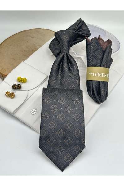 Gutiero Black and Brown Patterned Classic Tie with Handkerchief