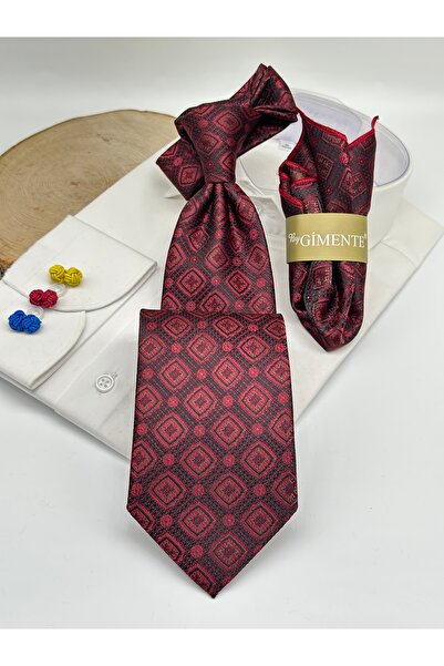 Gutiero Claret Red Patterned Classic Tie with Handkerchief