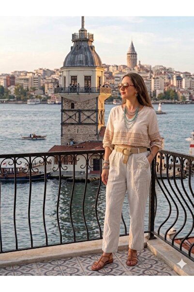 AYASOFYA OTANTIK Women's Italian Beige Elastic Waist Belted Pocket Lace Detai...