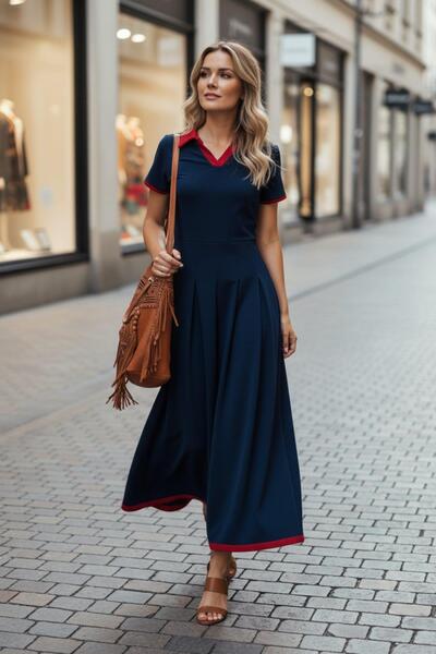 Mossta V-Neck Comfortable Cut Crepe Dress with Ribbon Detail - Navy Blue