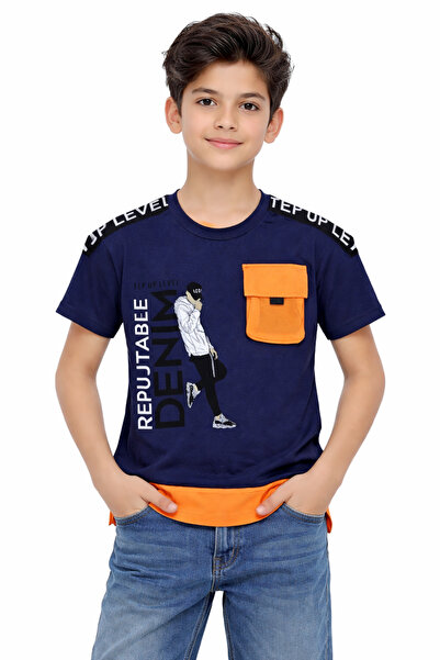 İrem Çocuk Giyim Boy's Reputable Text Patterned Navy Blue T-Shirt with Pocket...