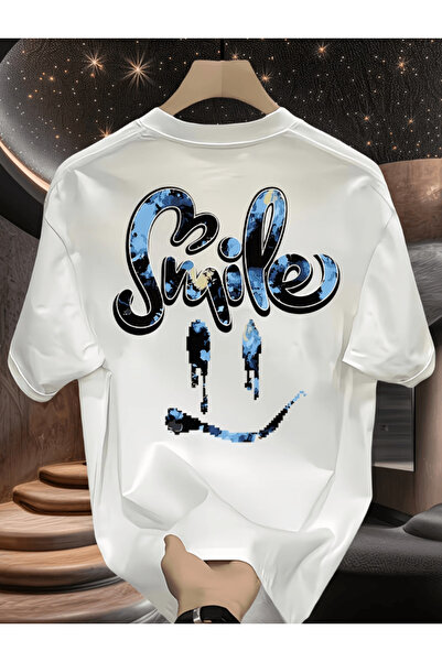 one button Tricou oversize premium cu imprimeu Smile Blue Pattern