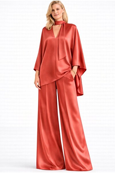 ALYEL NAKER Kimono Sleeve Detailed Blouse & Wide Leg Pants Satin Top & Bottom...