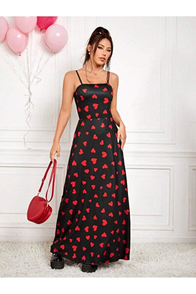 Iuliashop Rochie lungă neagră Nannah cu inimi roșii - M
