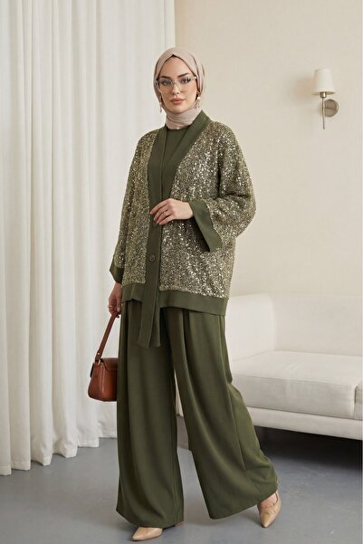 Modamorfo Sequin file cardigan 3-piece sendy set - khaki