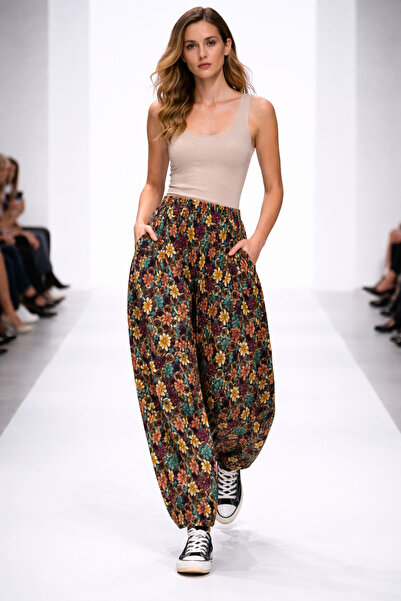 hoaryage Παντελόνι Shalwar με διχτυωτό φλοράλ σχέδιο από φανέλα Dividin 100% ...