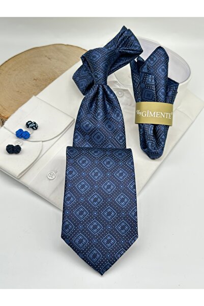 Gutiero Blue Navy Patterned Classic Tie with Handkerchief