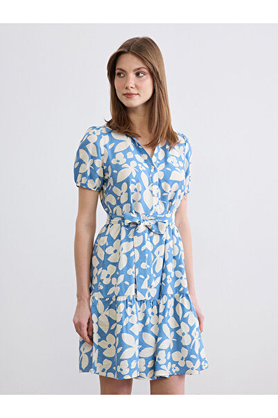 LC Waikiki Lcw Comfort Blue Shirt Collar Floral Mini Dress with Nevavm Differ...