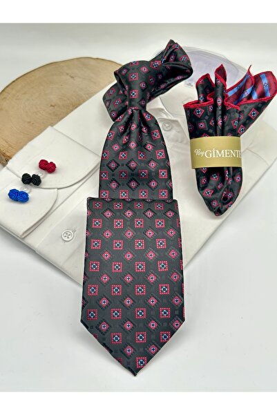 Gutiero Black Patterned Classic Tie with Handkerchief
