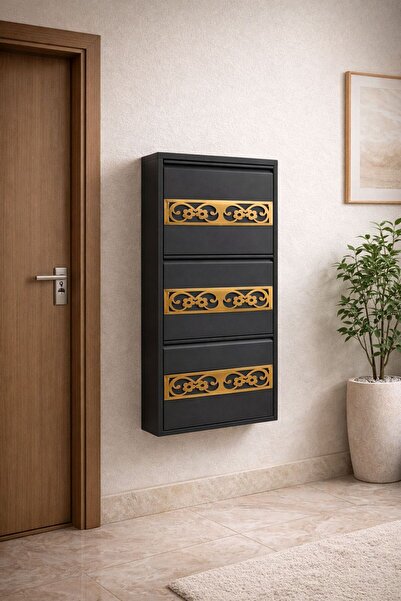 Moemi 3'lü Antrasit Metal Ayakkabılık PLEKSİ DESENLİ 2BYK GOLD AYAKKABILIK