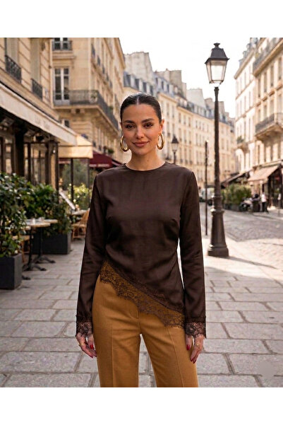 Lovely butik Ασύμμετρη δαντελωτή σατέν μπλούζα με δέσιμο στην πλάτη, κομψή μπ...