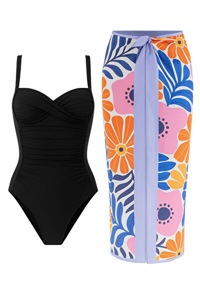 Mavero Women's Black Gathering Swimsuit and Antique Patterned Pareo Beach Set