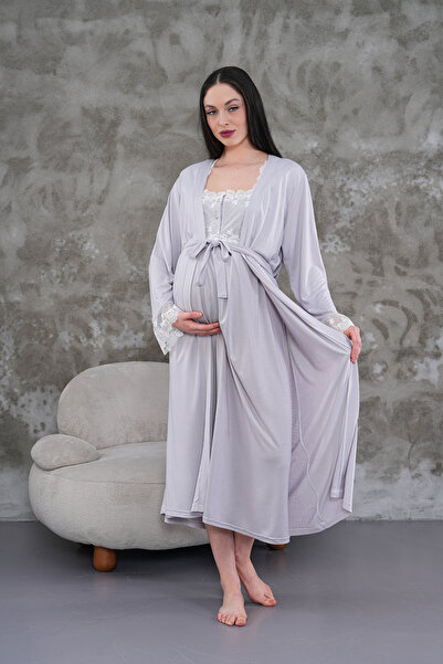 Lohusa Homewear New Season Gray Maternity Summer Elegant Lace Detailed Button...