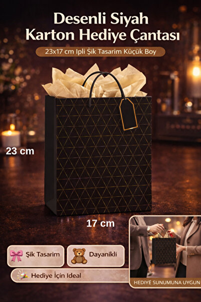 Tamsena Store Desenli Siyah Karton Hediye Çantası 23x17 cm İpli Şık Tasarım K...