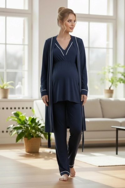 LOHOUSE Women's 3-Piece Maternity Pajama Set with Ribbed Details