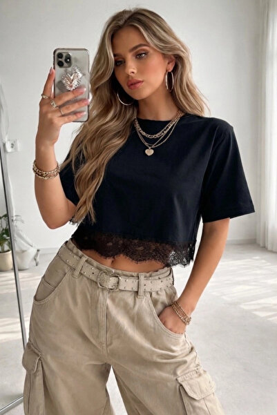 Lusin Γυναικείο μαύρο μπλουζάκι με λαιμόκοψη ποδηλάτου, κομψό, δαντελωτό, κον...