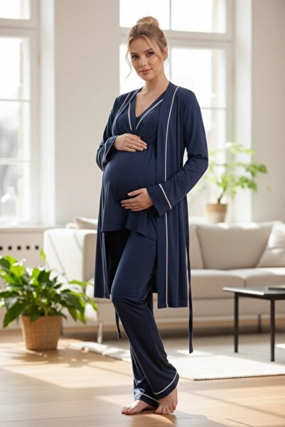 LOHOUSE Kadın Biyeli 3'Lü Lohusa Sabahlıklı Pijama Takım Seti