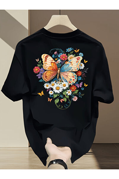 one button Tricou supradimensionat premium cu imprimeu colorat cu flori și fl...