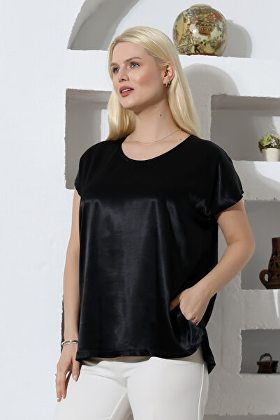 LadyMina Pijama Μαύρο σατέν μπλουζάκι με χαμηλό μανίκι