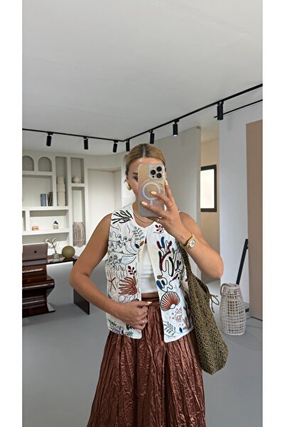 Lavanta Tekstil Λεπτομέρεια κεντήματος Λινό γιλέκο εκρού