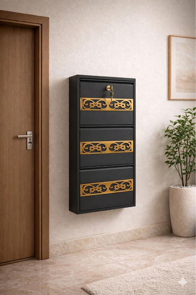 Moemi 3'lü Antrasit Metal Ayakkabılık PLEKSİ DESENLİ 2BYK GOLD AYAKKABILIK(Kİ...