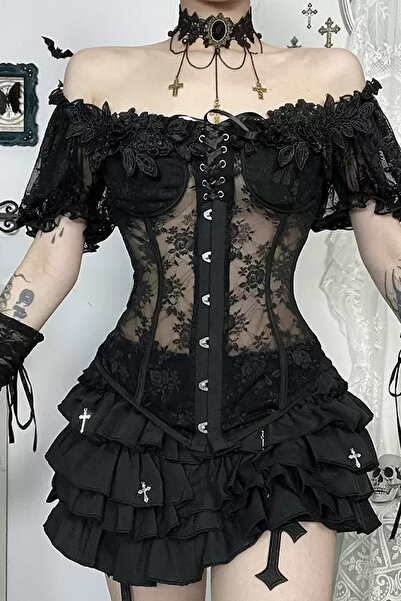 Giraffe Büstiyer Bluz Şifon Gömlek Dantel Transparan Üst Ceket Gotik Retro