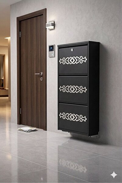 KARLI 3'LÜ KİLİTLİ ANTRASİT GÜMÜŞ DESENLİ METAL AYAKKABILIK