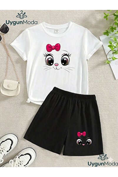 UygunModa Cat Printed T-Shirt and Shorts Kids' Set