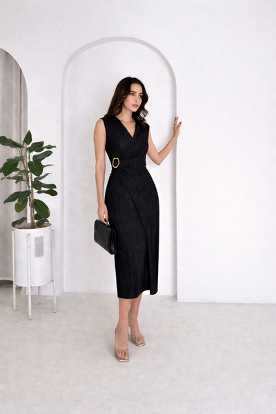 MODAMİNEM Γυναικείο μίντι φόρεμα με πιέτες, χρυσή αγκράφα και διπλό στήθος σε...