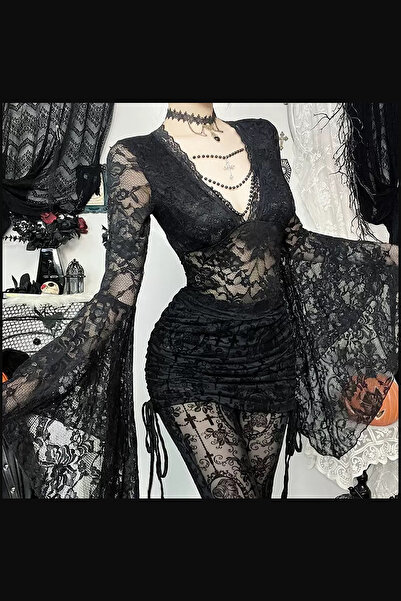 Giraffe Büstiyer Bluz Şifon Gömlek Dantel Transparan Üst Ceket Gotik Retro