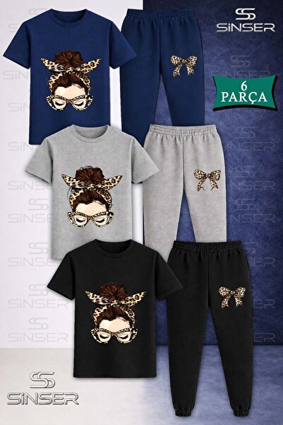 SS SİNSER Παιδικό Σετ Φόρμας Κοριτσιών με Μπλουζάκι και Κορδέλα Λεοπάρ